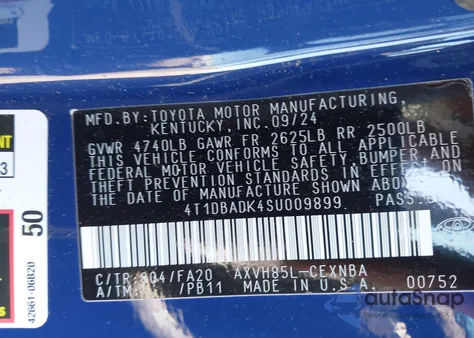 2025 Toyota Camry Le from USA, damaged, VIN 4T1DBADK4SU009899